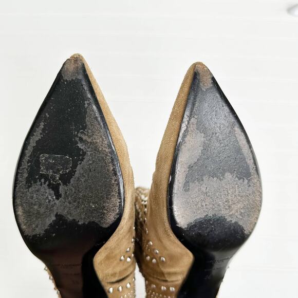 Saint Laurent Cat Ankle Bootie 50 Tan Suede Studded Heels Western Kitten - Picture 8 of 14
